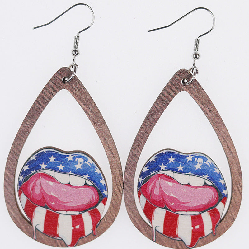 Pendientes de caída del patrón de bandera del día de la independencia al por mayor Pendientes de madera